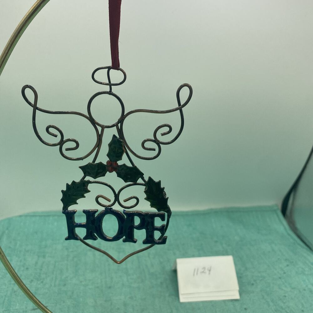 Wire Angel With “HOPE” Holly And Berries-Hanging Christmas ornament 5”
